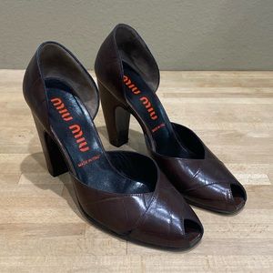 Miu Miu Leather Brown Chunky High Heel 8 Peep Toe Vintage Style Shoes EUR 38 EUC
